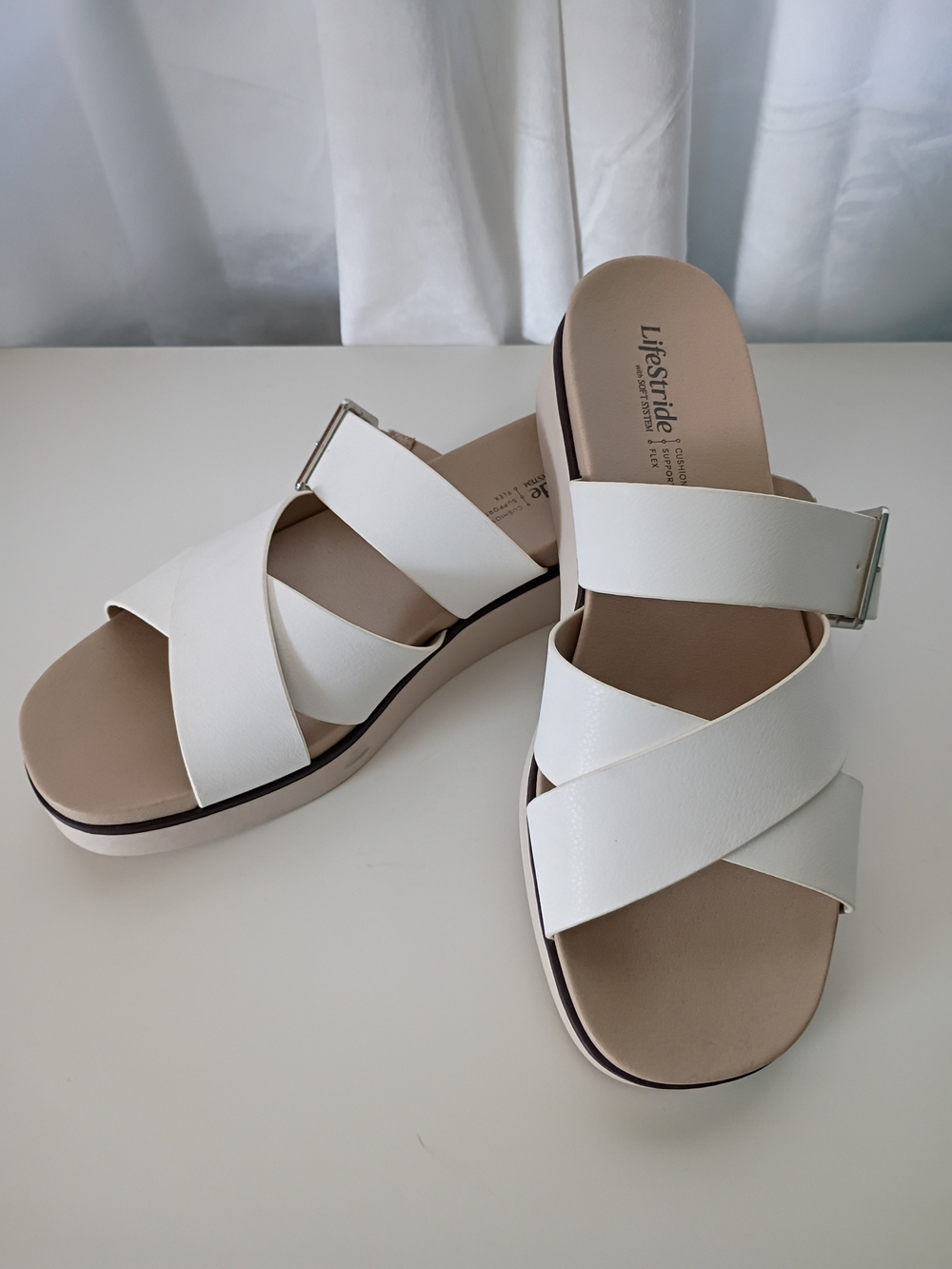 Life Stride White Crisscross Buckle Slide Sandals
